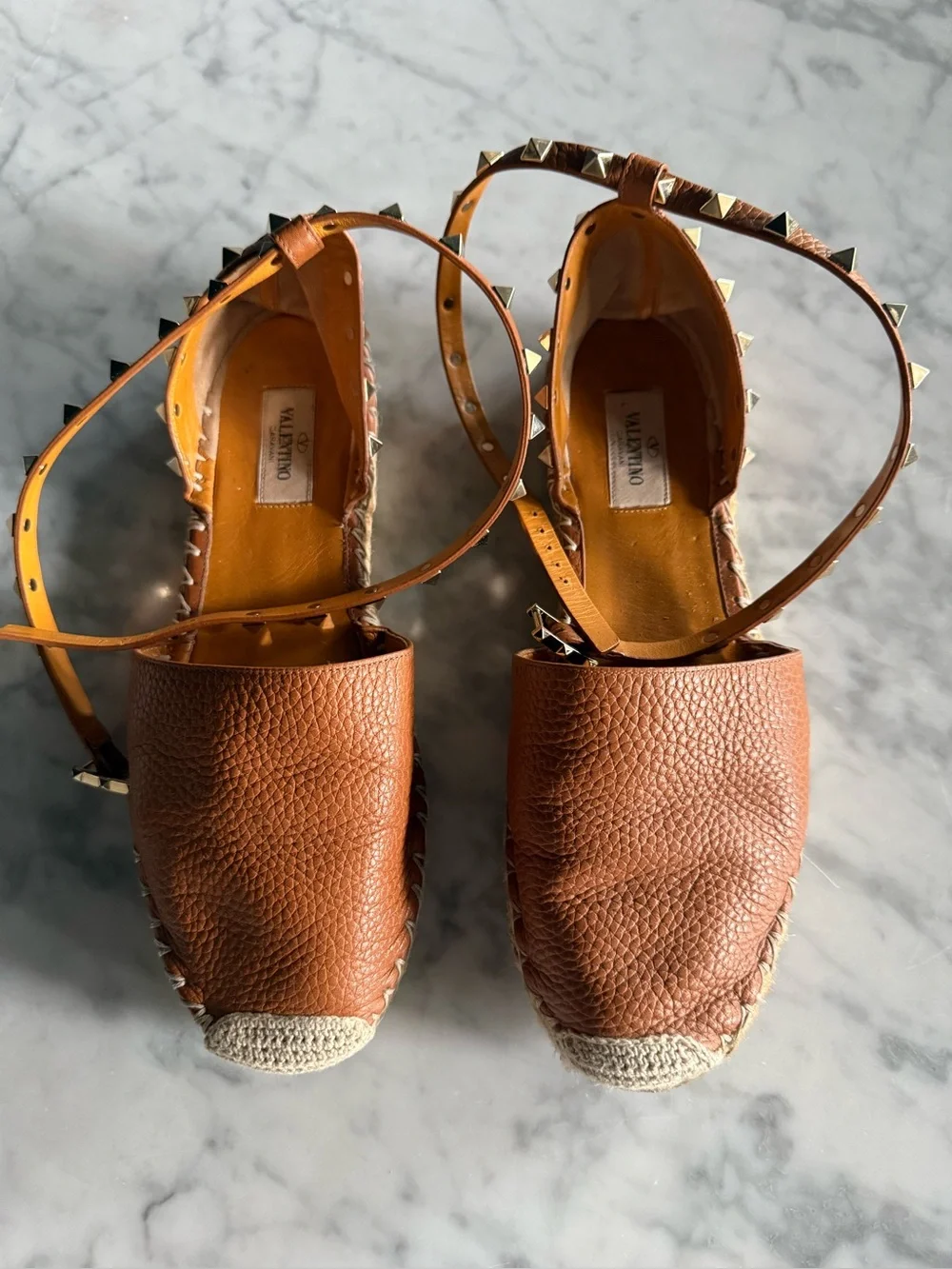 Valentino Garavani Tan Leather Studded Espadrille Flats with Ankle Straps